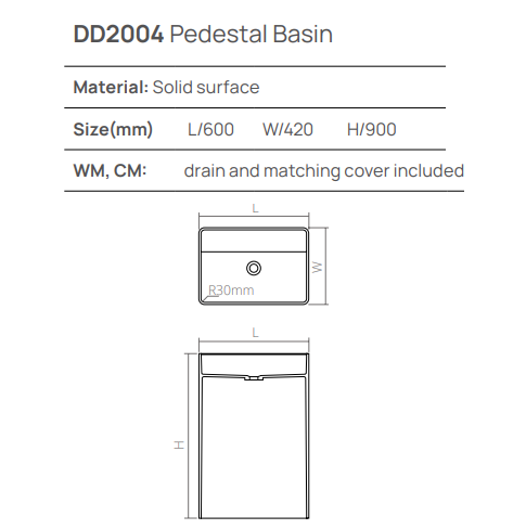 Раковина напольная DEA DESIGN  Pedestal Basin  DD2004 600 3    60x42xh90 см, из композита Solid surface, д/клапан с крышкой из композита, цвет серый матовый Grey №3