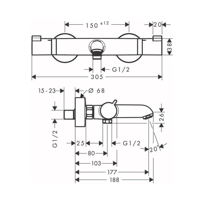 Термостат для ванны HANSGROHE Ecostat Comfort 13114670 на 2 потребителя, Чёрный матовый