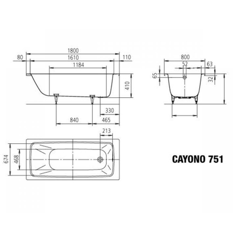 Ванна из сталь-эмали Kaldewei Cayono Mod 751 2751.0001.3001 1800 х 780 мм с покрытием Perl-Effekt