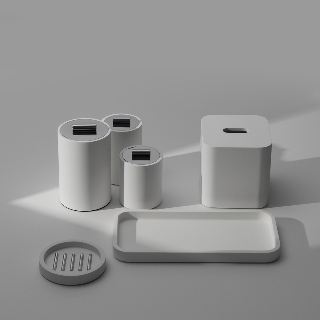 Контейнер настольный малый, универсальный, DECOR WALTHER   STONE DMD S    0971254   11,5 X Ø 8 см  из композита Solid Surface , с крышкой, цвет: белый/хром