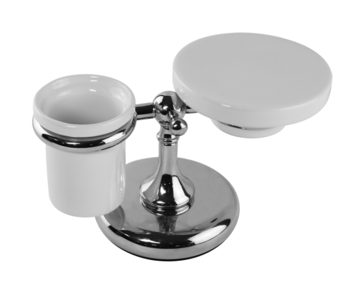 Держатель из латуни настольный BOSSINI Classic Line V50312.030 с керамическим стаканом и мыльницей, цвет Хром/Белый