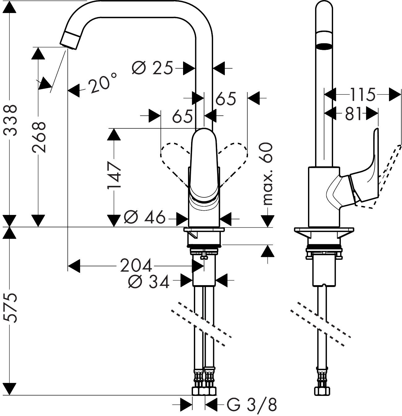 Высокий кухонный смеситель однорычажный с поворотным изливом 1jet HANSGROHE Focus M41 31821000 260 мм, с EcoSmart, цвет Хром