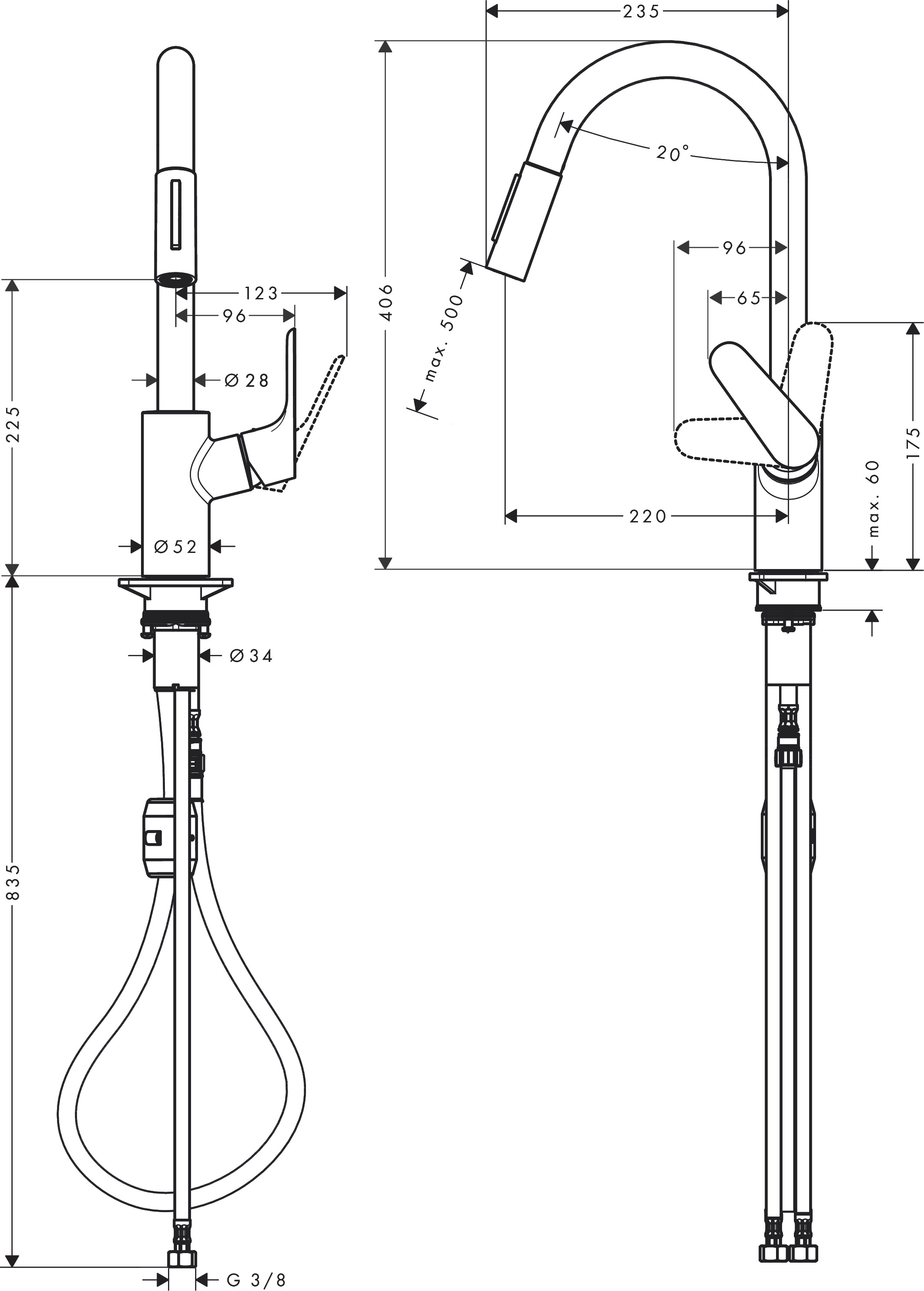 Кухонный смеситель однорычажный с вытяжным душем 2jet HANSGROHE Focus M41 31815670 240 мм, цвет Чёрный матовый