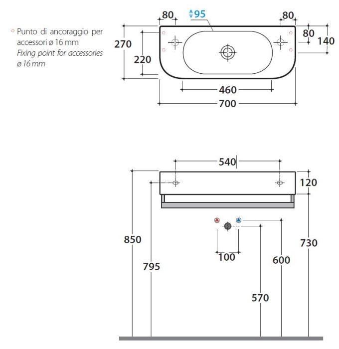 Раковина подвесная GLOBO FORTY3 SCT70BI 700 мм х 270 мм х 120 мм, c намеченным отверстием под смеситель, без перелива, белая глянцевая