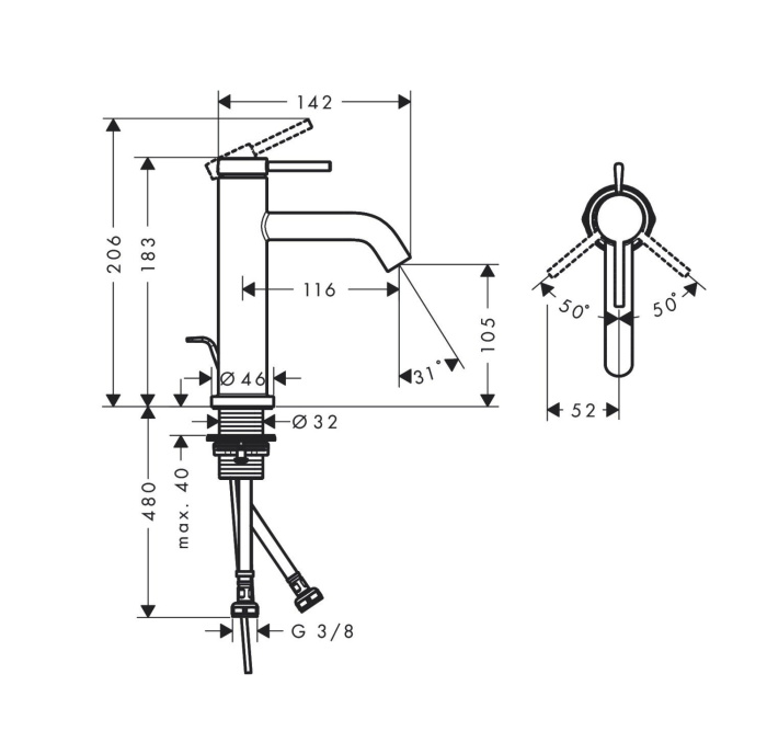 Однорычажный смеситель для раковины Hansgrohe Tecturis S 73310140 со сливным гарнитуром, цвет Шлифованная бронза