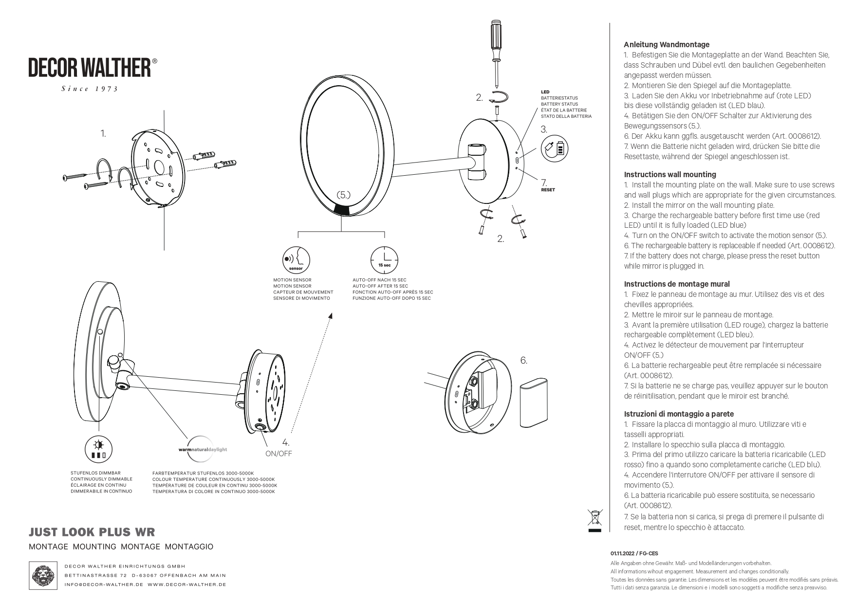Косметическое зеркало настенное DECOR WALTHER  JUST LOOK PLUS WR 5X   0125660, с подсветкой LED, увеличение 5X, сенсор, аккумулятор, датчик движения, цвет  черный матовый