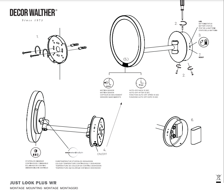 Косметическое зеркало настенное DECOR WALTHER  JUST LOOK PLUS WR 5X   0125660, с подсветкой LED, увеличение 5X, сенсор, аккумулятор, датчик движения, цвет  черный матовый