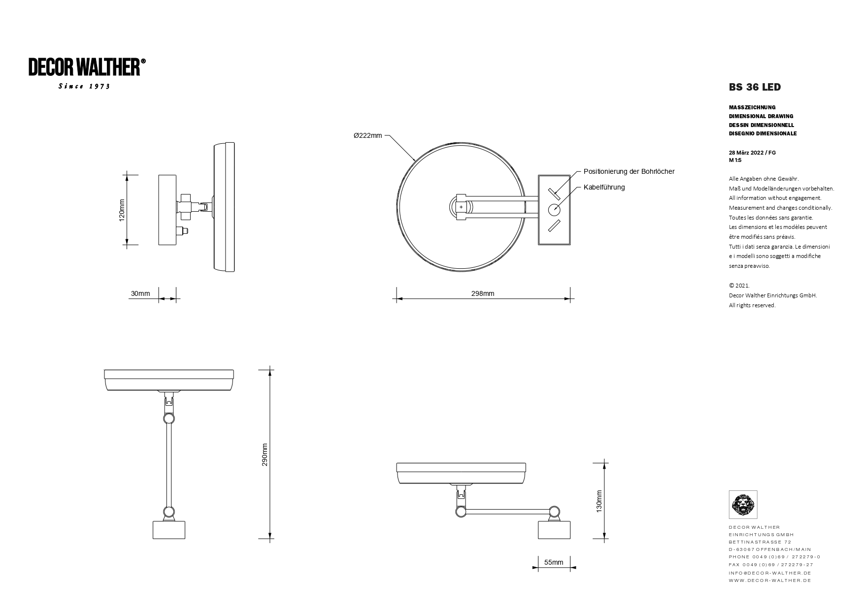 Зеркало косметическое настенное  DECOR WALTHER   BS 36 3X     0122100  Ø 22 см, с подсветкой LED, увеличение 3х, цвет хром