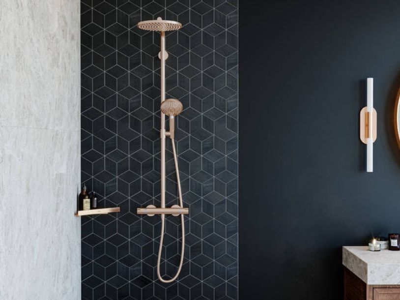 Душевой комплект HANSGROHE Raindance Select S240 1jet 27633140 Showerpipe с термостатом, цвет Шлифованная бронза