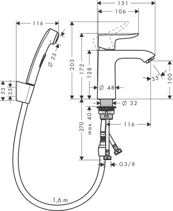 Смеситель для раковины с гигиенической лейкой Hansgrohe Metris 31285000 Хром