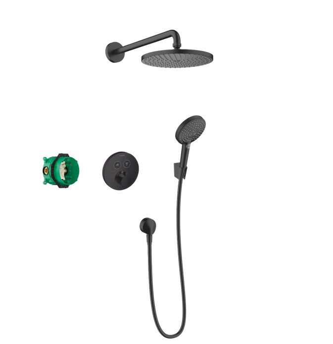 Душевая система cкрытого монтажа c термостатом HANSGROHE 240 1jet Raindance S 27959670 с верхним и ручным душем и шлангом, PowderRain с ShowerSelect S, цвет Чёрный матовый