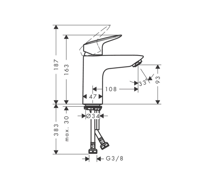 Однорычажный смеситель для раковины HANSGROHE Logis 71101670 без сливного гарнитура, цвет Чёрный матовый
