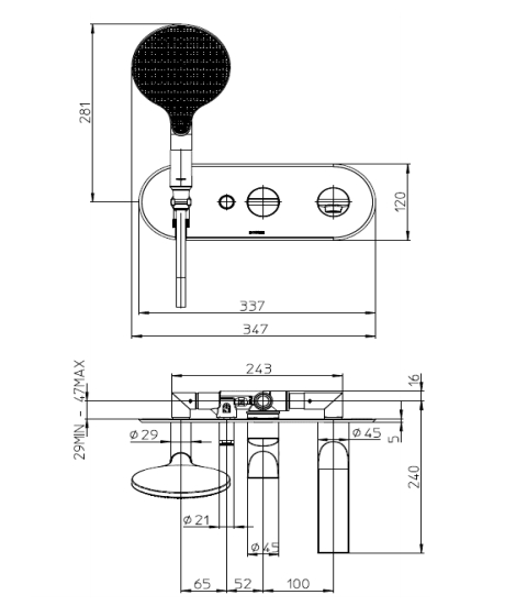 Наружная часть смесителя для ванны BOSSINI Apice Z00557.073 c изливом, верхним душем и шлангом, чёрный матовый