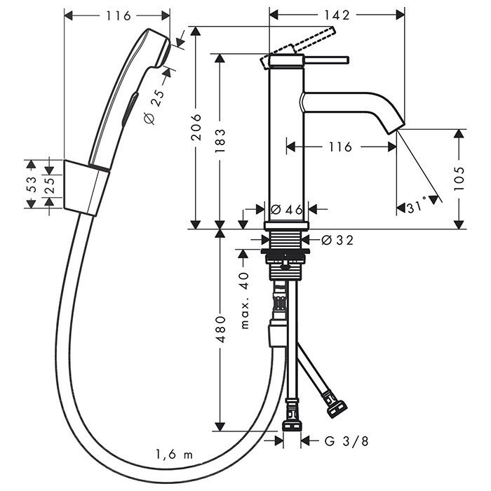 Однорычажный смеситель для раковины HANSGROHE Tecturis S 73211670 с гигиеническим душем и шлангом, цвет Чёрный матовый