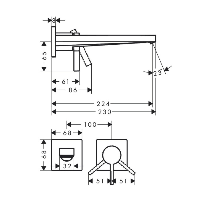 Однорычажный настенный смеситель для раковины Hansgrohe Tecturis E 73051000 излив 225 мм, скрытого монтажа, цвет Хром