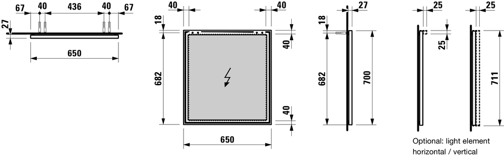 Подсветка для зеркала горизонтальная  Laufen  Frame 25   4.4748.1.900.007.1, 65 см,  корпус  алюминий, без переключателя