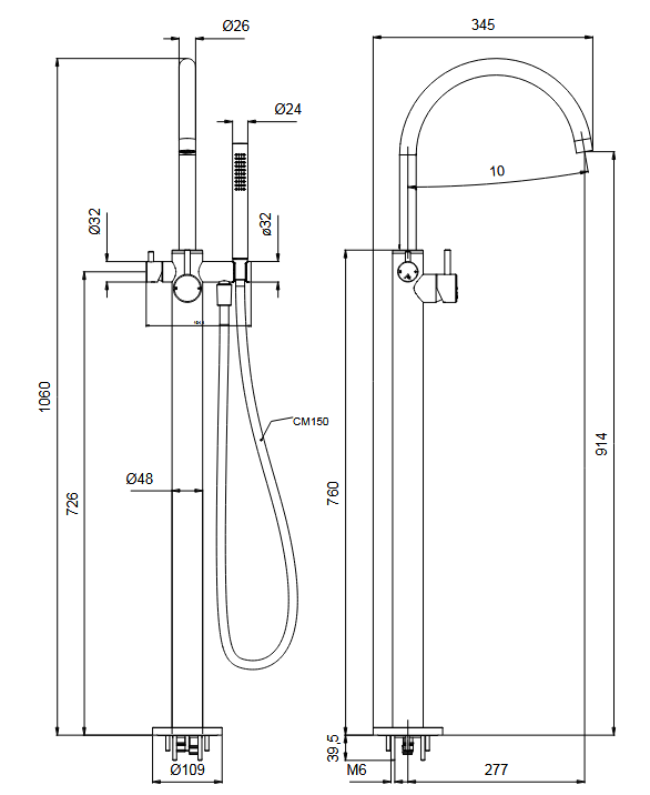 Однорычажный напольный смеситель для ванны с ручным душем ALMAR WASH BASIN E216000.NB излив 277 мм, цвет Nickel Brushed