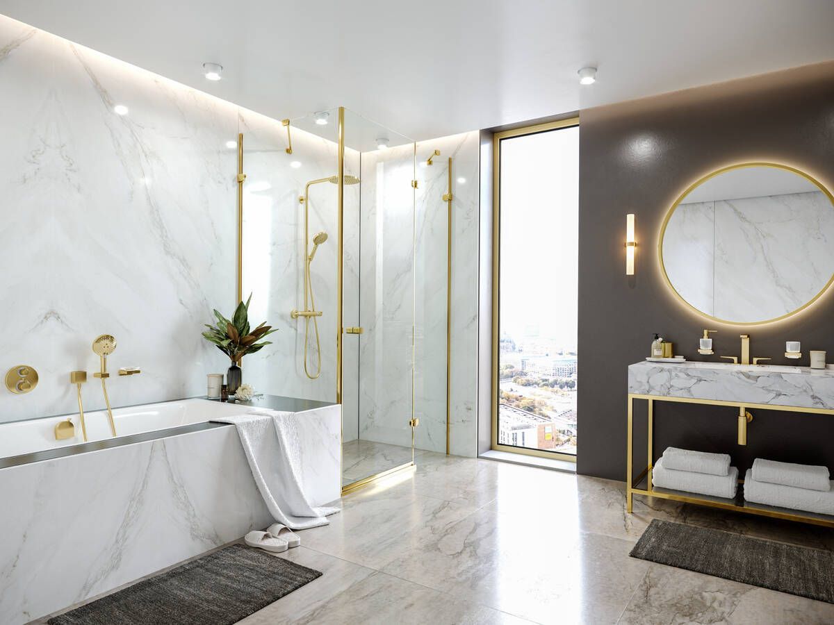 Душевой комплект HANSGROHE Raindance Select S240 1jet 27633140 Showerpipe с термостатом, цвет Шлифованная бронза
