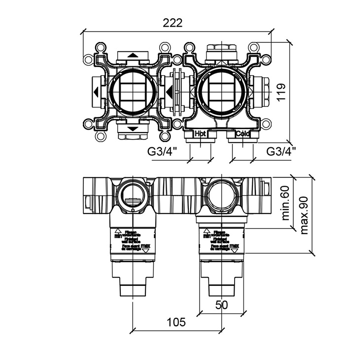 Встраиваемая внутренняя часть горизонтального термостата ALMAR Modular E176901 на 2 потребителя, для арт. E180182 и E180132, цвет Чёрный